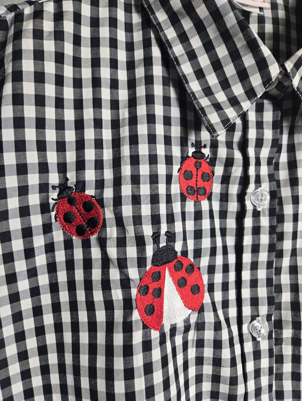 Black & White Gingham Button-Down Shirt with Ladybug Embroidery Size Large - Picture 3 of 16
